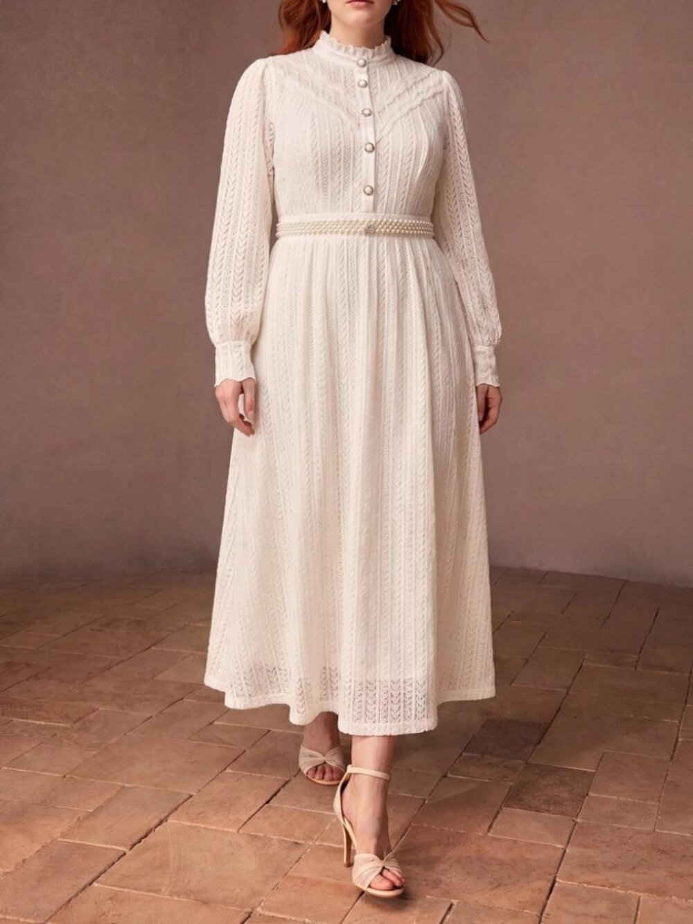 Cream Pointelle Knit Ruffle Collar Long Sleeve Midi Dress
